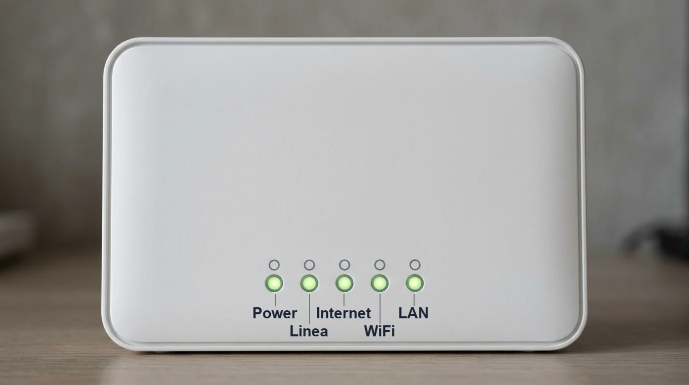 Illustrazione: le spie di un router, da sinistra Power, Linea, Internet, WiFi e LAN, tutte verdi fisse