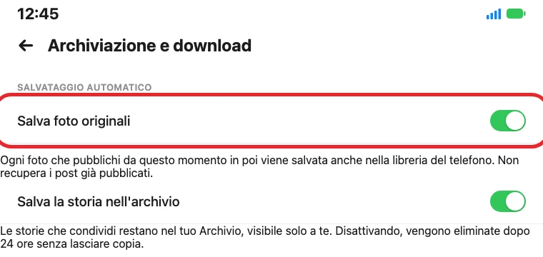 Illustrazione ricostruita: la schermata Archiviazione e download di Instagram, con l'interruttore «Salva foto originali» attivo cerchiato in rosso