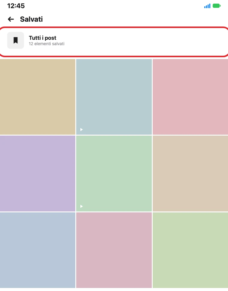Illustrazione ricostruita: la pagina «Salvati» con la raccolta «Tutti i post» cerchiata in rosso e qualche elemento salvato in griglia