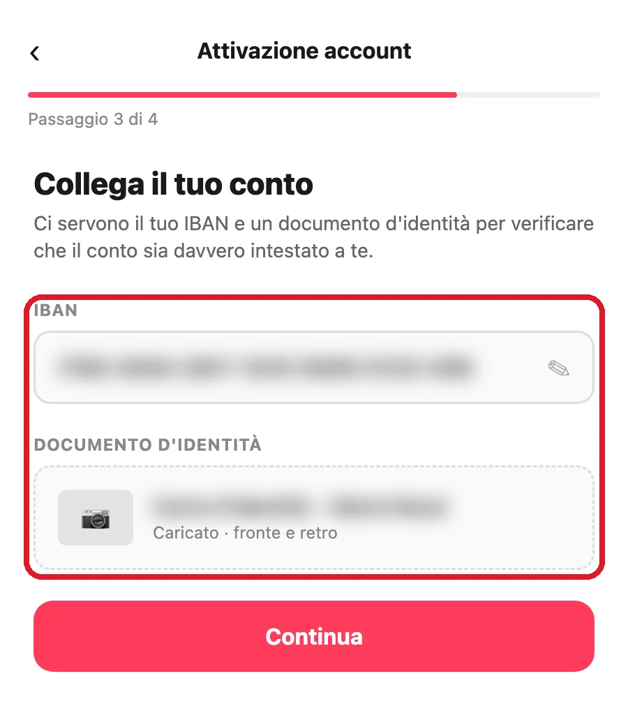 I campi IBAN e documento d'identità durante l'attivazione (illustrazione ricostruita con dati fittizi, sfocati come lo sarebbero quelli veri).