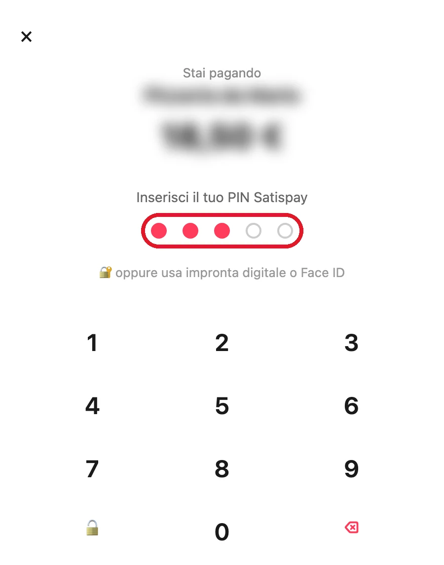 La richiesta del PIN durante un pagamento, con l'alternativa di impronta digitale o Face ID (illustrazione ricostruita con nome ed importo fittizi, sfocati).