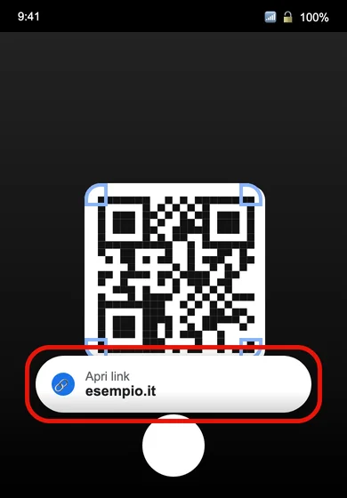 Illustrazione ricostruita della Fotocamera di un Pixel: il QR viene incorniciato e compare il chip «Apri link» da toccare