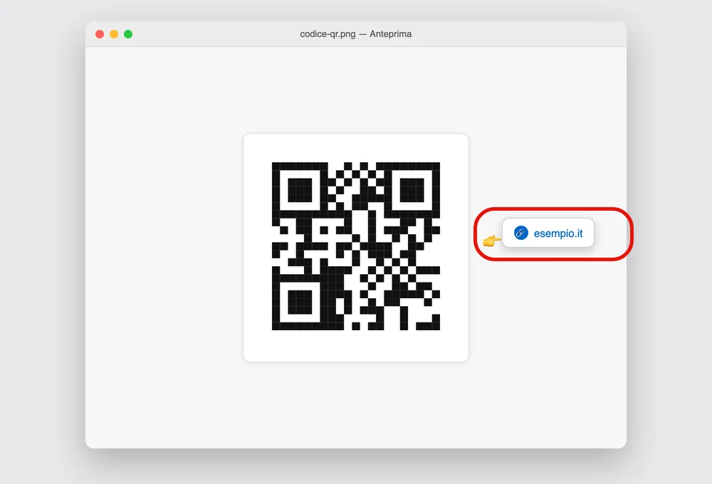 Illustrazione ricostruita di una foto di un codice QR aperta in Anteprima su Mac, col puntatore sopra il codice