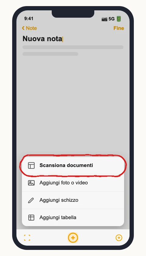 Illustrazione ricostruita: l'app Note su iPhone con il menu di «Allegato» aperto e la voce «Scansiona documenti» cerchiata in rosso