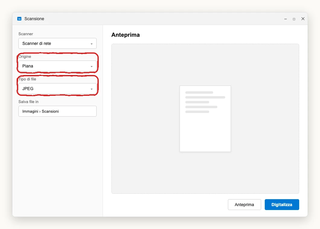 Illustrazione ricostruita: l'app Scansione (Windows Scan) con i menu «Origine» e «Tipo di file» cerchiati in rosso