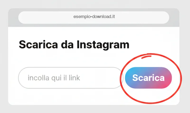 Illustrazione ricostruita: un sito di download da Instagram con il link incollato nella casella e il pulsante Scarica cerchiato in rosso