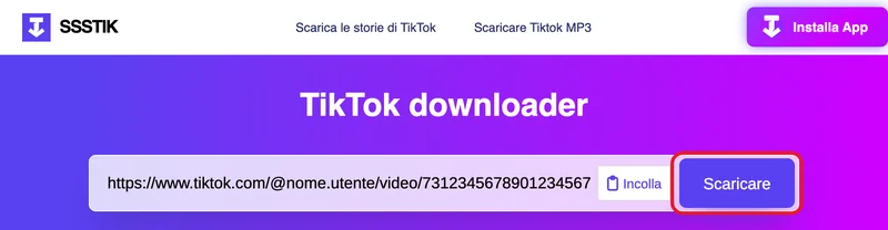 Il sito ssstik.io con il link di un video TikTok incollato nella casella e il pulsante Scaricare cerchiato
