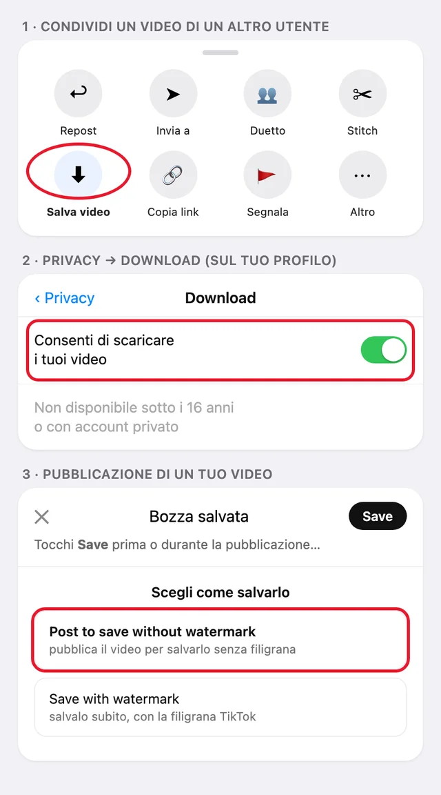Illustrazione ricostruita dei tre passaggi: il menu di condivisione con Salva video su un video di un altro utente, il menu Privacy > Download con l'interruttore Consenti di scaricare i tuoi video attivo, e la schermata di pubblicazione con la scelta «Post to save without watermark» che segue il tocco su Save (nomi inglesi, quelli confermati dalla fonte)