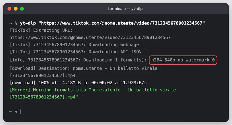 Illustrazione ricostruita del Terminale con un comando yt-dlp lanciato su un link di TikTok: il formato scelto senza filigrana e il download completato