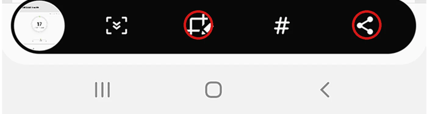 La barra Samsung che compare dopo uno screenshot, con le icone di modifica e condivisione cerchiate (fonte ufficiale Samsung, stessa pagina citata tra le fonti)