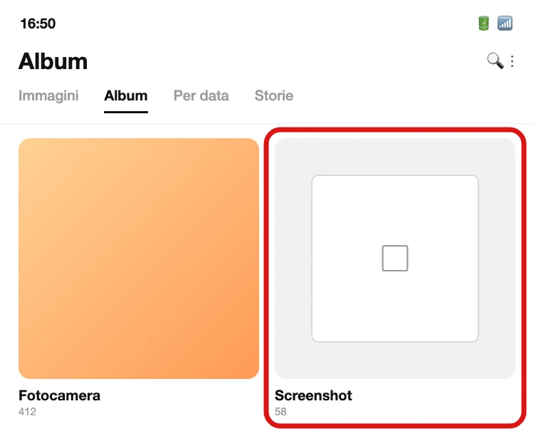 L'app Galleria Samsung aperta sugli Album, con la cartella Screenshot cerchiata (illustrazione ricostruita, nessuno screenshot ufficiale di questa schermata)