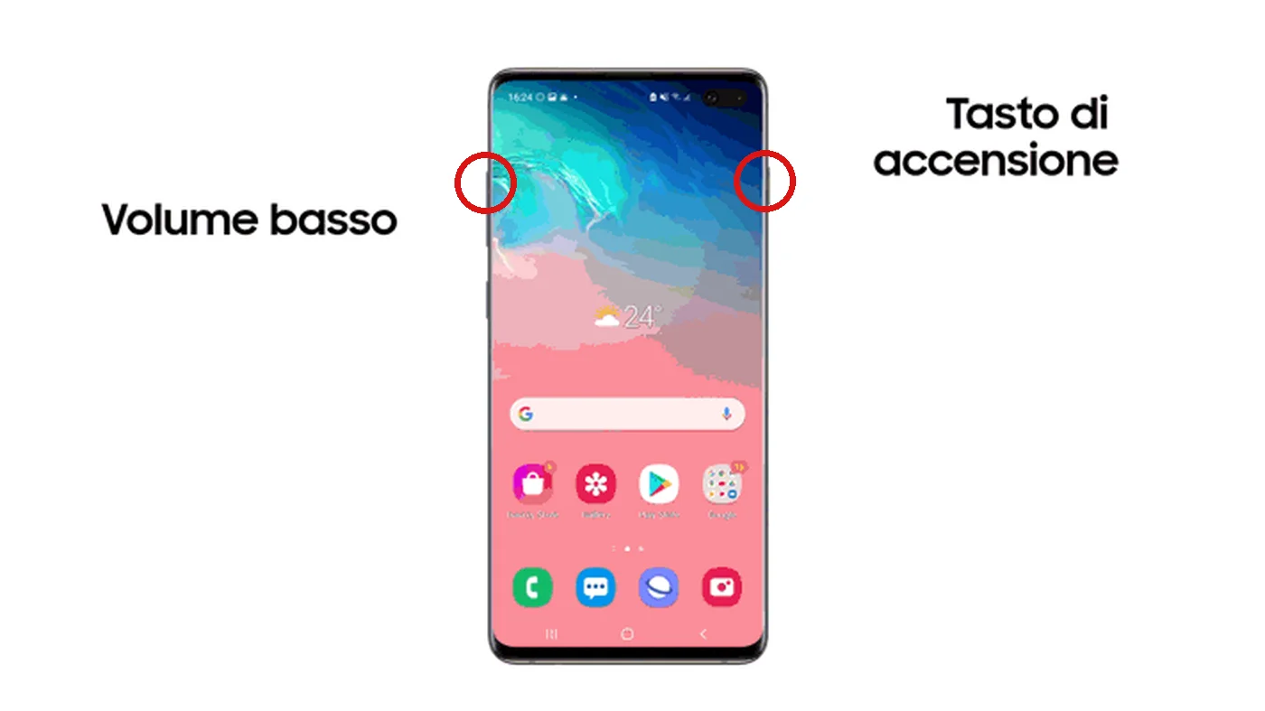 Un Galaxy vero con i due tasti fisici cerchiati: Volume giù a sinistra, Accensione a destra (fonte ufficiale Samsung)