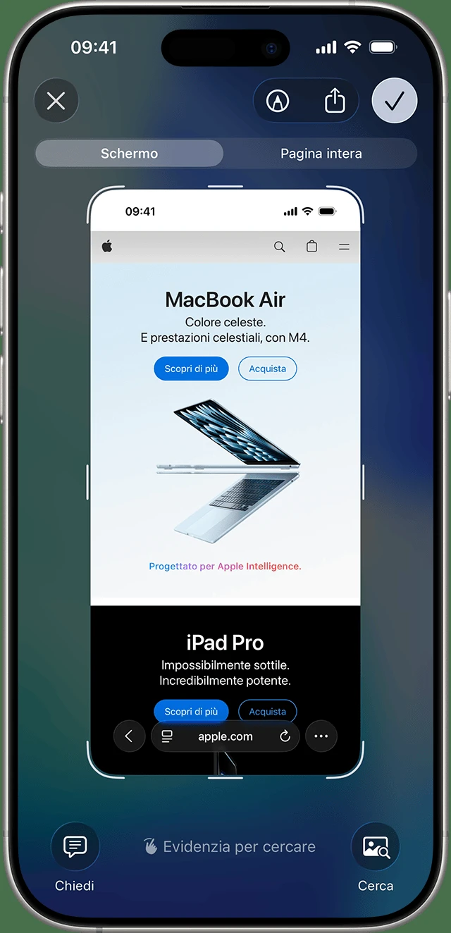 L’anteprima a tutto schermo su iOS 26, con la X per chiudere, gli strumenti di modifica e la spunta per salvare. Immagine ufficiale Apple (support.apple.com)