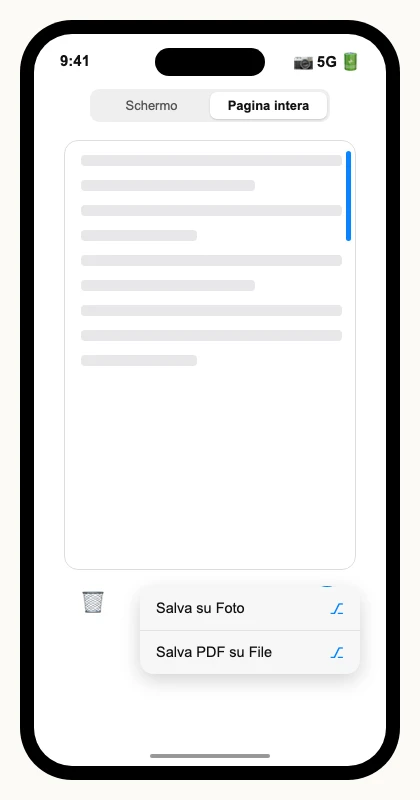 La scheda «Pagina intera» aperta su una pagina web lunga in Safari, con il menu Salva su Foto e Salva PDF su File visibile. Illustrazione ricostruita: nessun iPhone reale usato.