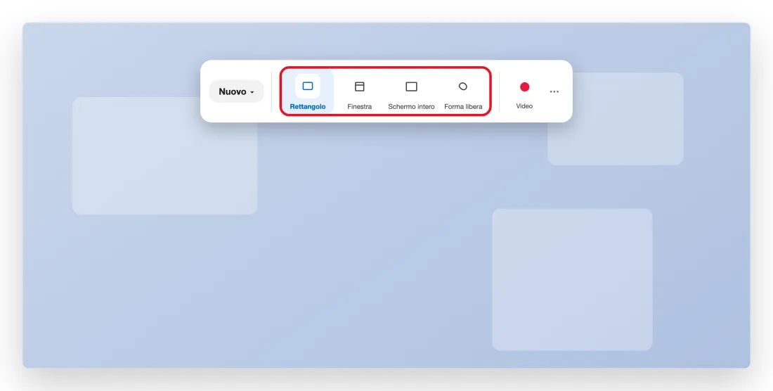 Illustrazione ricostruita della barra che compare in alto con Win + Shift + S: il pulsante Nuovo e le quattro modalità di selezione, Rettangolo, Finestra, Schermo intero e Forma libera