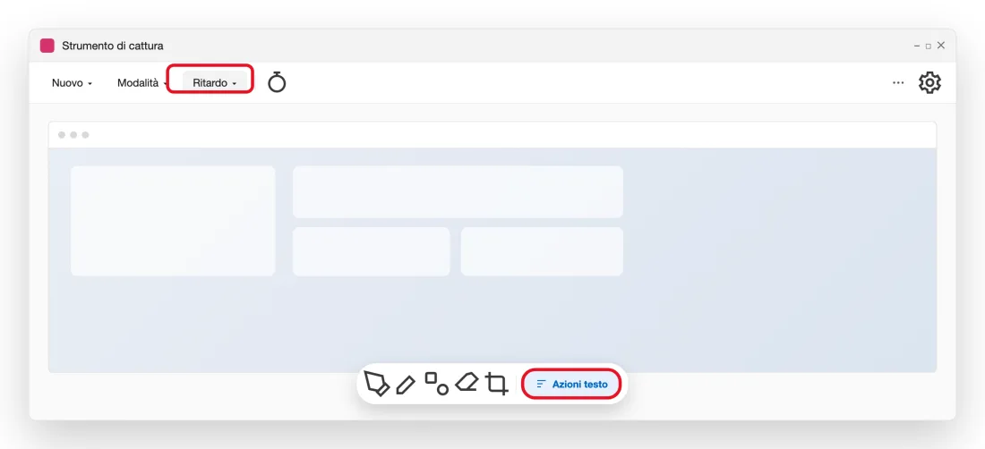 Illustrazione ricostruita dello Strumento di cattura di Windows 11, con il pulsante Ritardo nella barra in alto e il pulsante Azioni testo nella barra di modifica sotto la cattura