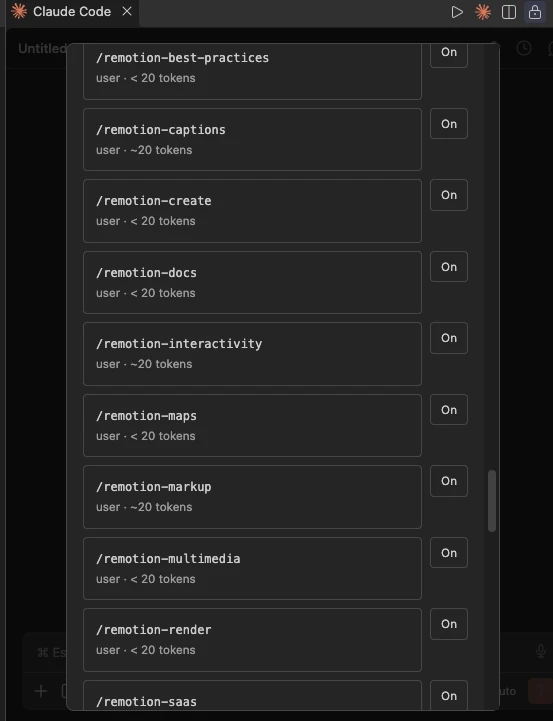 Il pannello dei comandi di Claude Code nell’estensione per VS Code (l’interfaccia è in inglese), scorso fino alle skill installate: ognuna ha l’etichetta «user» (sono installate nella tua cartella personale), una stima del costo in token e un pulsante «On». In questo esempio sono le skill di Remotion, un programma per fare video