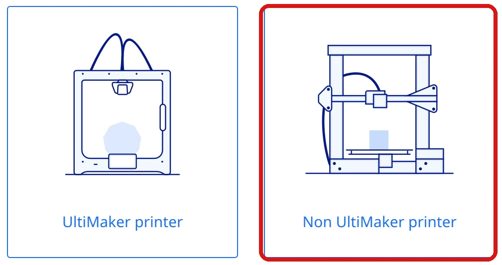 La schermata di Ultimaker Cura per scegliere la marca della stampante: oltre alle UltiMaker (a sinistra) c'è la voce «Non UltiMaker printer» per qualsiasi altro modello. Screenshot ufficiale dal centro assistenza UltiMaker/MakerBot.
