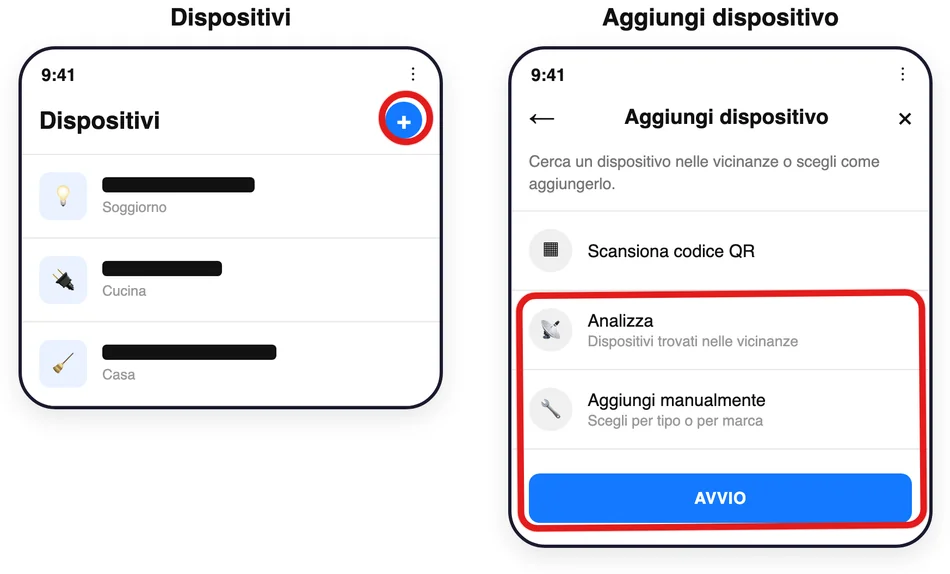 Ricostruzione: in SmartThings la scheda Dispositivi col pulsante + in alto a destra, e la schermata Aggiungi dispositivo con i tre modi (Scansiona codice QR, Analizza, Aggiungi manualmente) e il pulsante Avvio; nomi dei dispositivi coperti