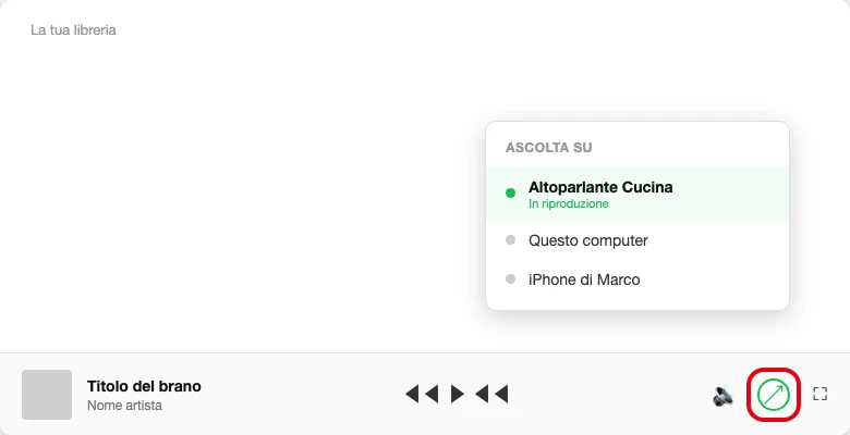 L'icona «Connetti dispositivo» aperta, con più di un dispositivo elencato e un altoparlante selezionato al posto del computer (illustrazione ricostruita)