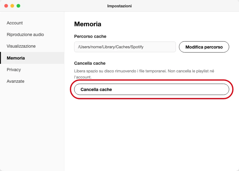 L'app desktop, in Impostazioni → Memoria, col pulsante «Cancella cache» evidenziato (illustrazione ricostruita)