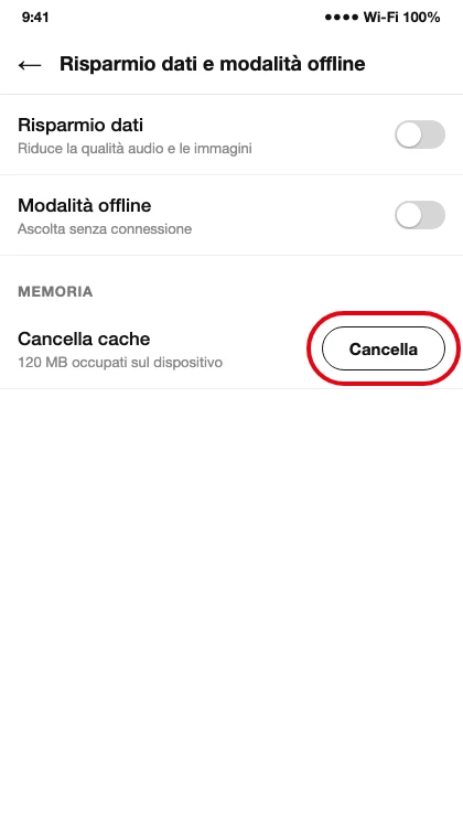 Dentro l'app, Impostazioni e privacy → Risparmio dati e modalità offline → Memoria, col pulsante «Cancella» evidenziato (illustrazione ricostruita, stesso percorso su Android e iOS)