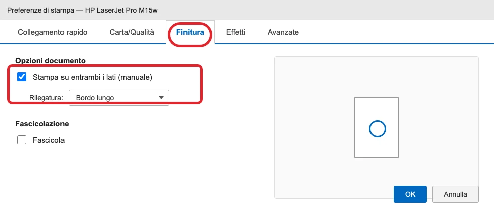 Il driver di stampa Windows, scheda «Finitura» (nome reale su HP): in evidenza il nome della scheda e la voce «Stampa su entrambi i lati (manuale)» (illustrazione ricostruita).