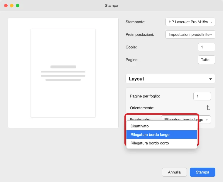 Il pannello di stampa su Mac, pannello Layout: in evidenza il campo «Fronte-retro» con il menu aperto sulle voci «Rilegatura bordo lungo» e «Rilegatura bordo corto» (illustrazione ricostruita, non uno screenshot reale: i nomi esatti delle voci non sono confermati dalla pagina Apple citata come fonte).