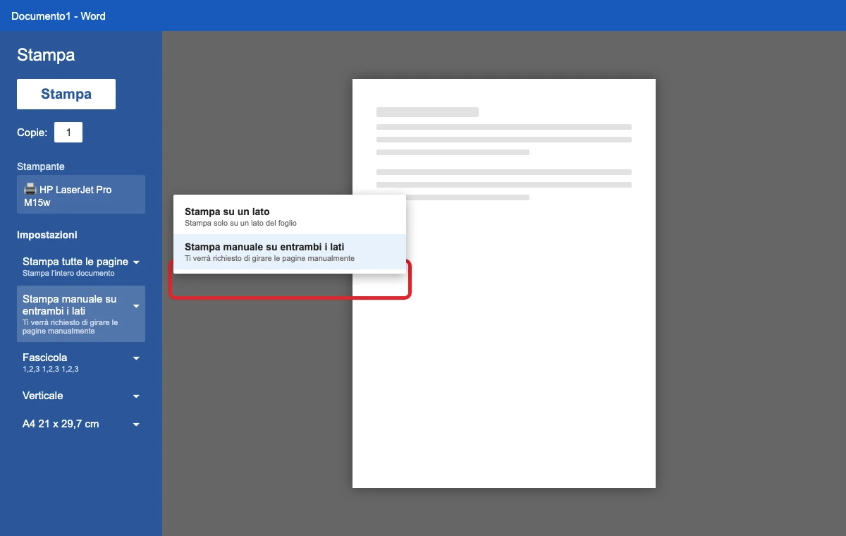 La finestra di stampa di Word, menu «Stampa su un lato» aperto: in evidenza la voce «Stampa manuale su entrambi i lati» (illustrazione ricostruita).
