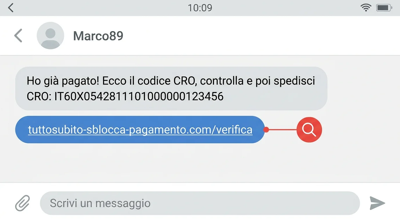 Esempio di messaggio con un codice CRO inventato e un link di «sblocco pagamento»: nome del mittente e indirizzo del link sono inventati (illustrazione ricostruita, non uno screenshot reale)
