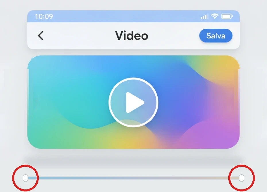 Ricostruzione di Google Foto su Android con il video e, sotto, la barra di scorrimento: i due punti di manipolazione agli estremi, cerchiati in rosso, sono quelli da trascinare per tagliare inizio e fine
