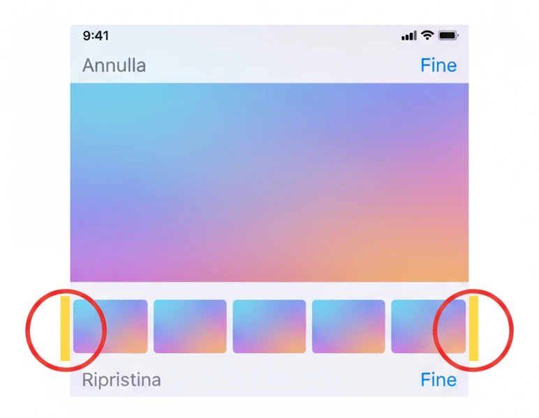 Ricostruzione dell'app Foto su iPhone in modalità Modifica, con il visore dei fotogrammi e le due estremità trascinabili, cerchiate in rosso