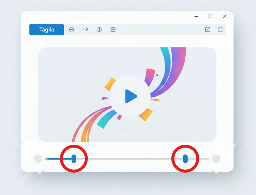 Ricostruzione dell'app Foto di Windows 11 con il pulsante Taglia aperto e i due cursori, cerchiati in rosso, sulla barra sotto il video