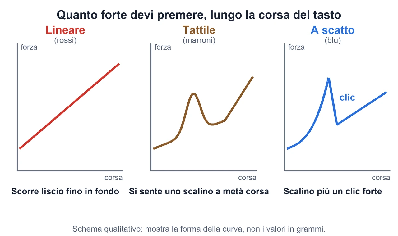 Schema: quanto forte bisogna premere lungo la corsa del tasto nei tre tipi di interruttore