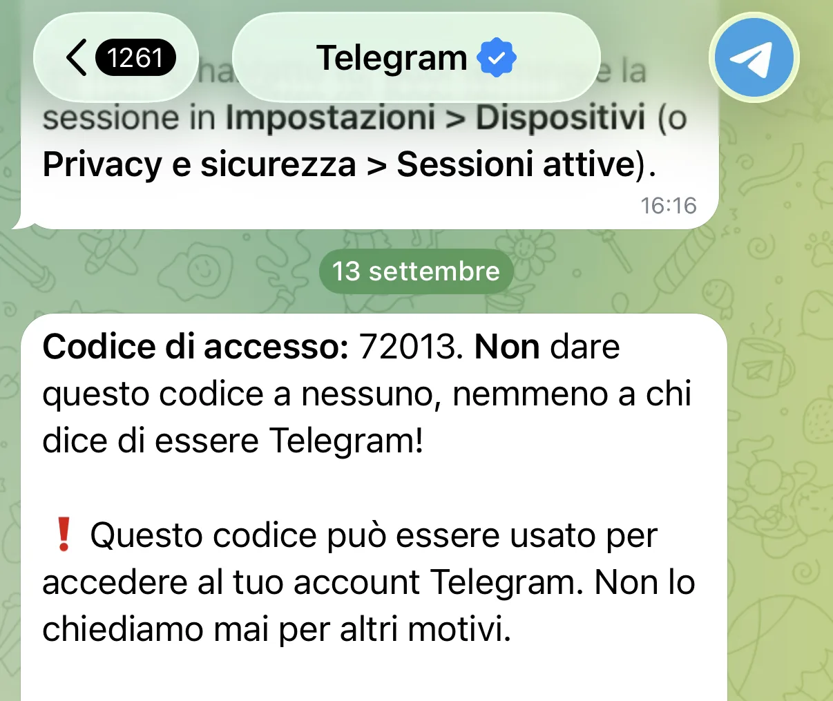 La chat con il profilo verificato «Telegram» che mostra il codice di accesso ricevuto dentro l'app