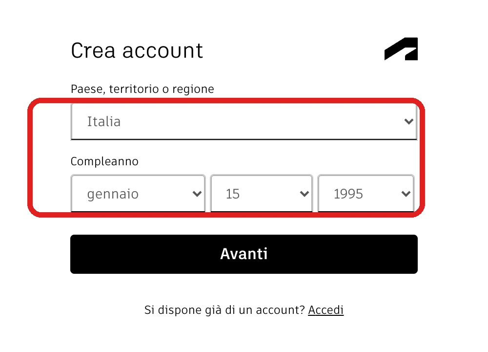 La vera schermata di iscrizione su tinkercad.com/join, con il menu Paese e i tre menu del Compleanno cerchiati in rosso; email e password si inseriscono nel passo successivo