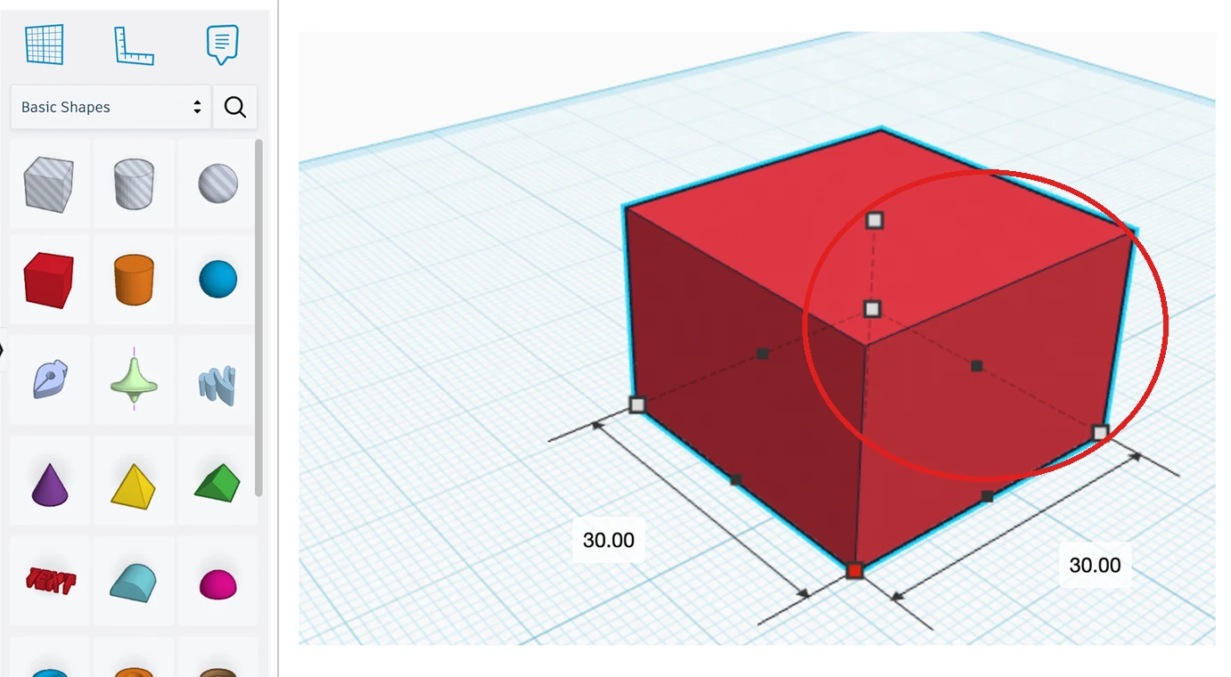 A sinistra il pannello Shapes con l'elenco delle forme di base; a destra una forma sul piano di lavoro, selezionata, con le maniglie quadrate di ridimensionamento cerchiate in rosso