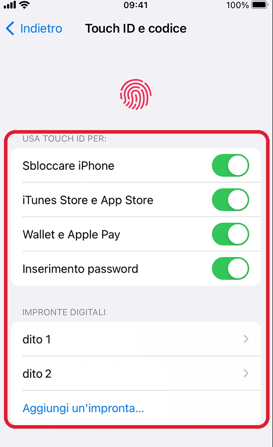 Impostazioni → Touch ID e codice su iPhone: gli interruttori Sbloccare iPhone, iTunes Store e App Store, e l'elenco delle impronte registrate