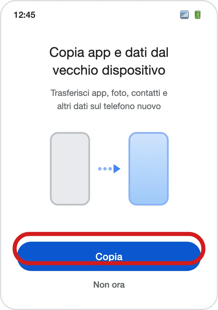 La schermata di configurazione del telefono nuovo con il pulsante Copia in evidenza. Illustrazione ricostruita, non uno screenshot reale: le pagine ufficiali di Google non mostrano questa schermata.
