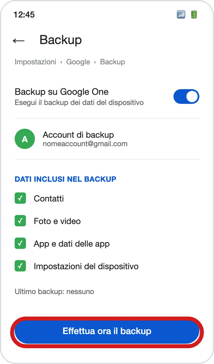 La schermata Impostazioni > Google > Backup, con il pulsante Effettua ora il backup in evidenza. Illustrazione ricostruita, non uno screenshot reale: le pagine ufficiali di Google non mostrano questa schermata.