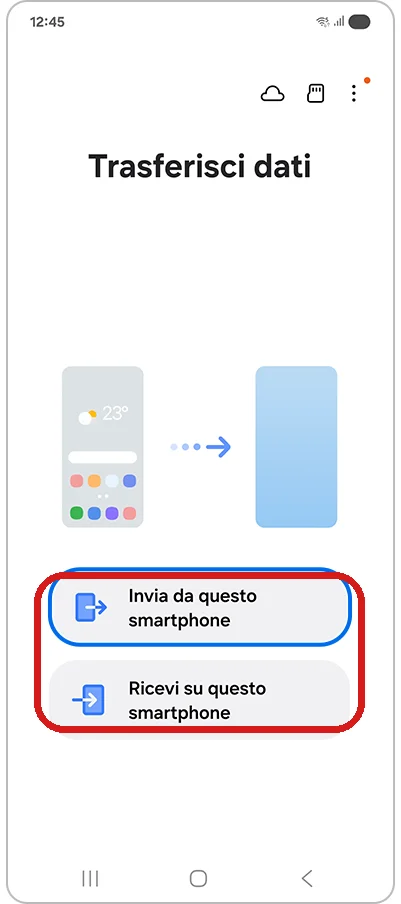 La schermata dell'app Smart Switch di Samsung con la scelta tra Invia da questo smartphone e Ricevi su questo smartphone.