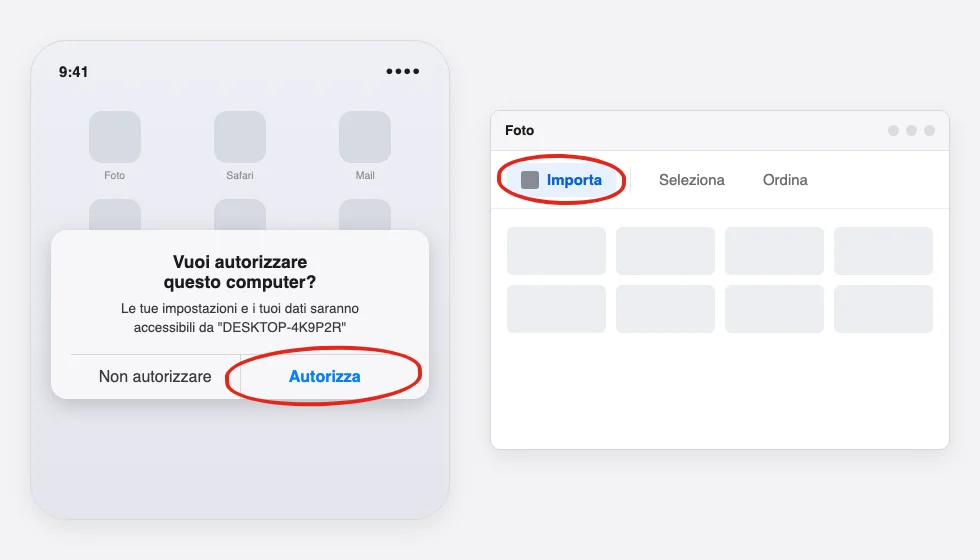 A sinistra la finestra dell'iPhone «Vuoi autorizzare questo computer?» con il pulsante «Autorizza» cerchiato in rosso; a destra l'app Foto di Windows con il pulsante «Importa» cerchiato in rosso (ricostruzione, non una schermata reale: lo screenshot ufficiale Apple del messaggio è solo in inglese, e quello ufficiale Microsoft mostra l'app OneDrive in tema scuro, non l'app Foto con il testo «Importa»)
