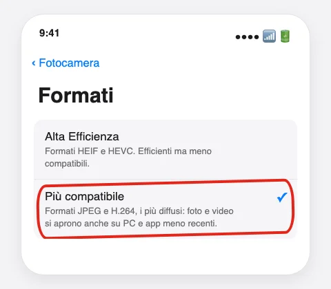 Impostazioni dell'iPhone, Fotocamera, Formati: «Più compatibile» selezionato e cerchiato in rosso (ricostruzione, non una schermata reale: non c'è uno screenshot ufficiale di questa schermata in italiano)