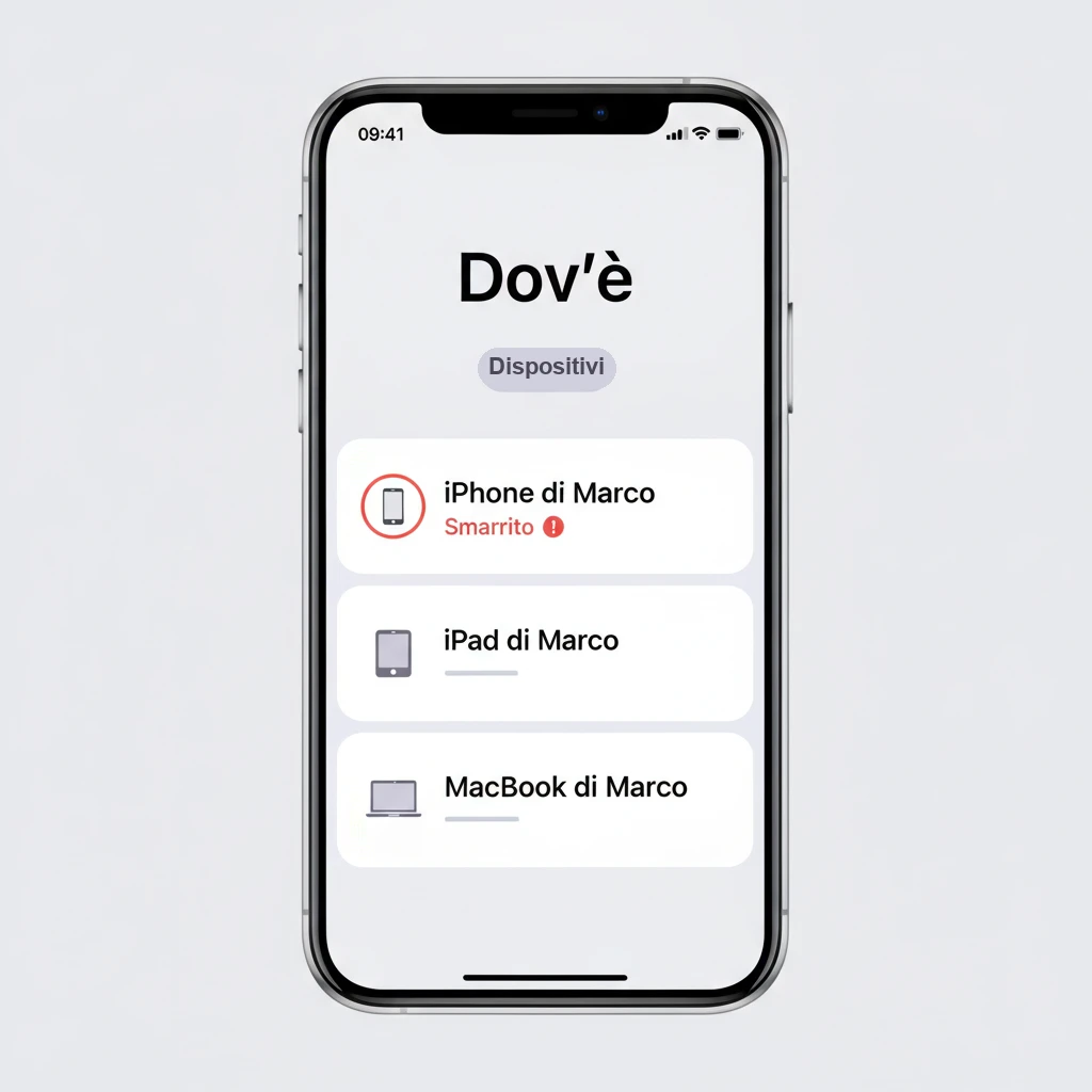 L'app Dov'è con il dispositivo contrassegnato come smarrito: il cerchio rosso e la scritta «Smarrito» sotto il nome del dispositivo nell'elenco (illustrazione ricostruita)