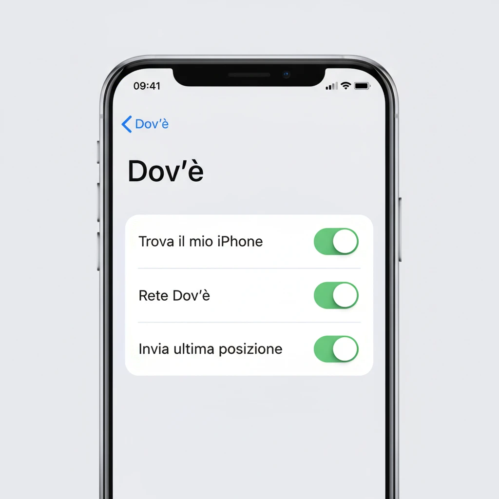 La schermata Impostazioni → [nome] → Dov'è, con «Trova il mio iPhone», «Rete Dov'è» e «Invia ultima posizione» tutti attivi (interruttore verde) — illustrazione ricostruita