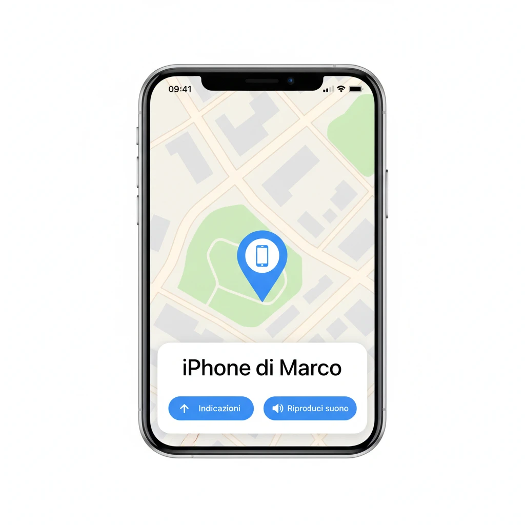 La mappa dell'app Dov'è con l'iPhone individuato e, sotto il nome del dispositivo, i pulsanti Indicazioni e Riproduci suono (illustrazione ricostruita)