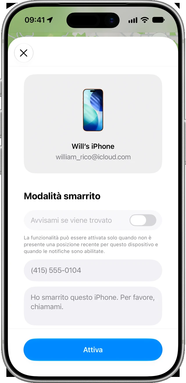 La schermata di Modalità smarrito nell'app Dov'è, con il campo per il numero di telefono, il messaggio da mostrare sulla schermata di blocco e il pulsante Attiva (screenshot ufficiale Apple)