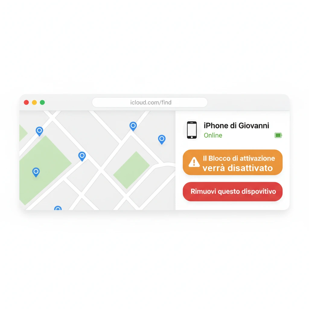 Il pulsante «Rimuovi questo dispositivo» su icloud.com/find, con l'avviso che il Blocco di attivazione verrà disattivato (illustrazione ricostruita)