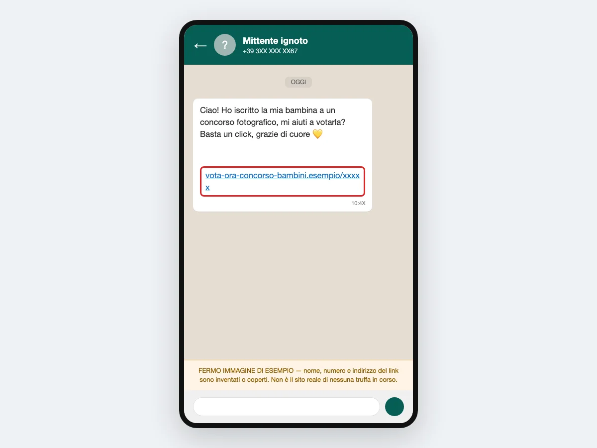 Ricostruzione di un messaggio con l'invito a votare e un link, non il sito-truffa vero: nome del mittente, numero di telefono e indirizzo del link sono inventati o coperti