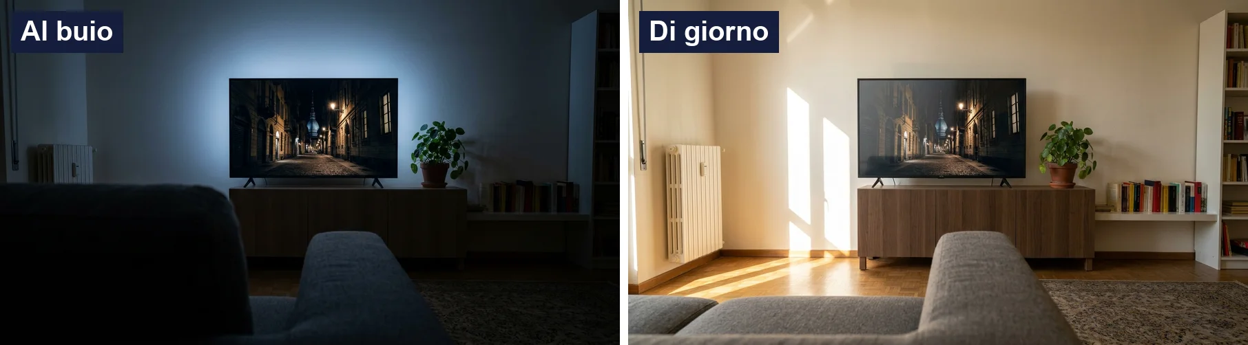 Illustrazione: lo stesso televisore nella stessa stanza, al buio e di giorno
